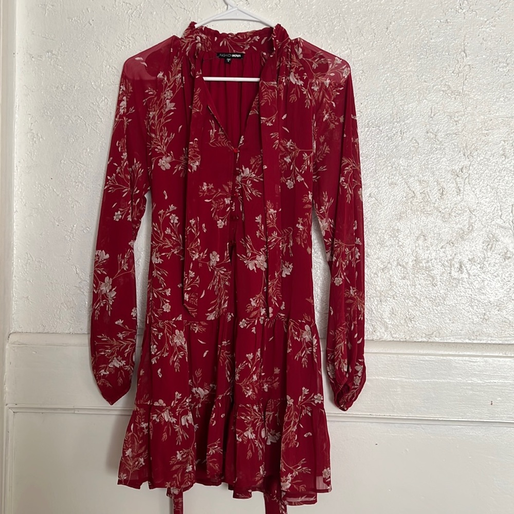 Fashion Nova, dark red floral long sleeve dress, size small